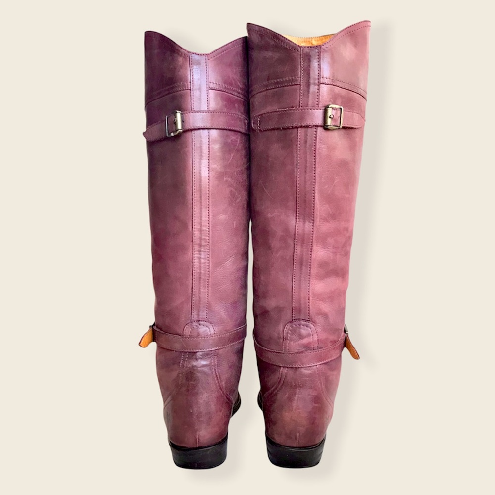 Frye Dorado Polished Genuine Leather Bordeaux/Light Red Knee High Riding Boots - Picture 11 of 16